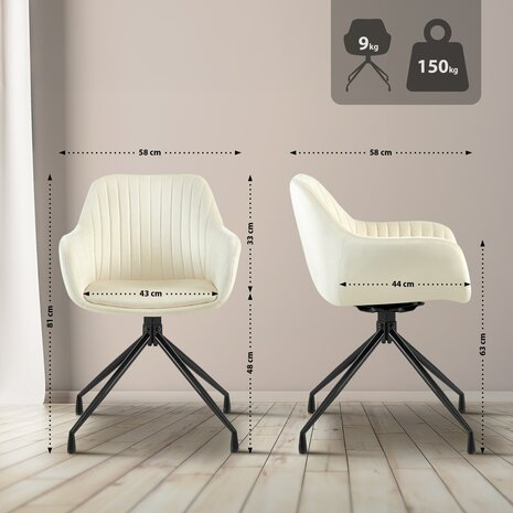 2-delige set eetkamerstoel Wilba fluweel, Creme