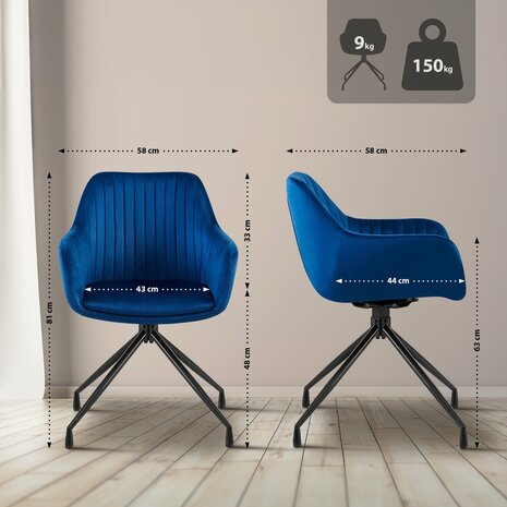 2-delige set eetkamerstoel Wilba fluweel, Blauw