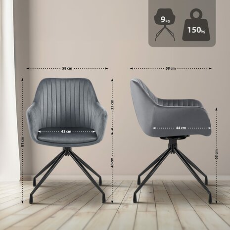 2-delige set eetkamerstoel Wilba fluweel, Grijs