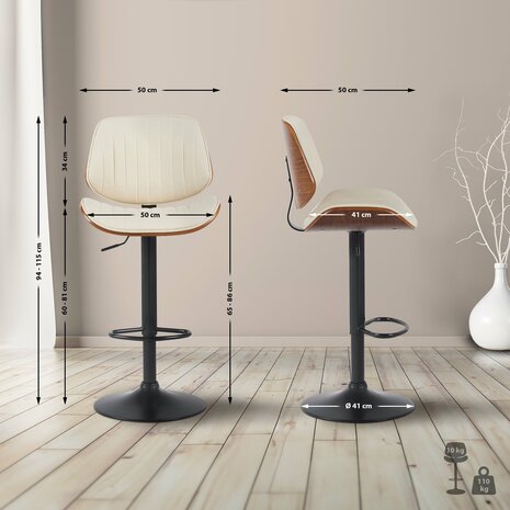 2-delige set barkruk Clowsan kunstleer zwart, Creme