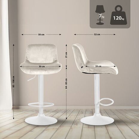2-delige set barkrukken Silin Wit Fluweel, Creme