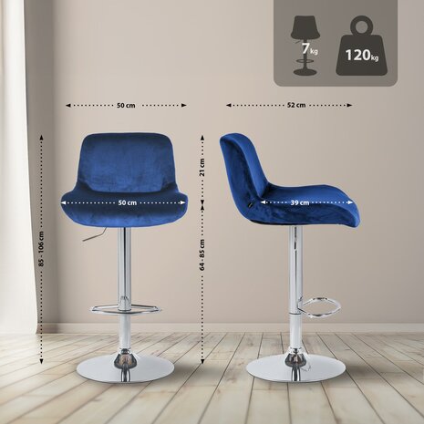 2-delige set barkrukken Silin Chroom Fluweel, Blauw