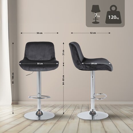 2-delige set barkrukken Silin Chroom Fluweel, Zwart
