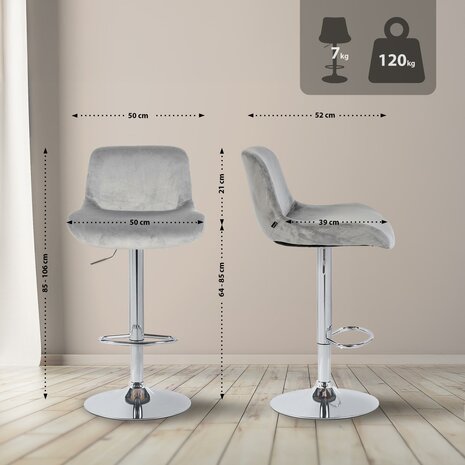 2-delige set barkrukken Silin Chroom Fluweel, Grijs