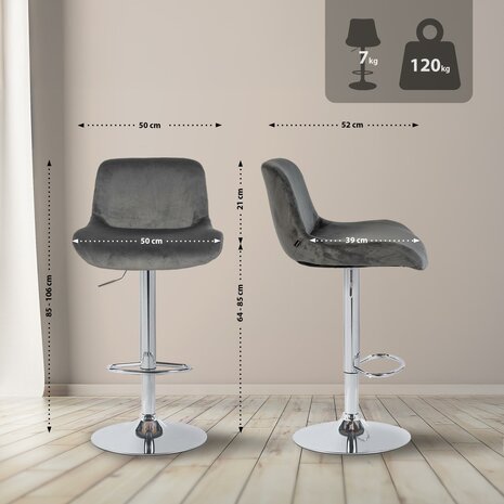 2-delige set barkrukken Silin Chroom Fluweel, Grijs