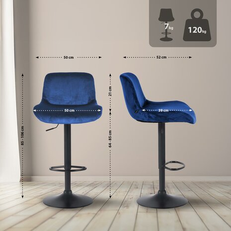 2-delige set barkrukken Silin Zwart Fluweel, Blauw