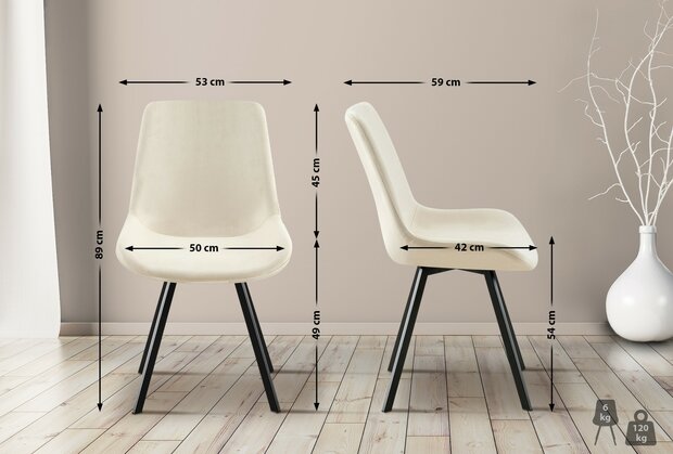 2-delige set eetkamerstoel Liwis fluweel, Creme
