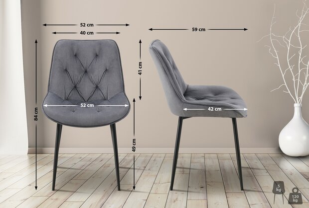 2-delige set eetkamerstoel Wellaca fluweel, Grijs