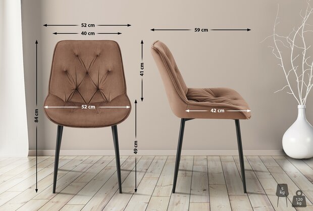 2-delige set eetkamerstoel Wellaca fluweel, Bruin