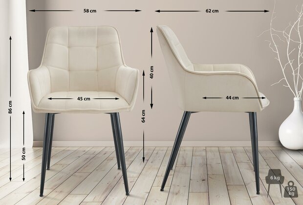 2-delige set eetkamerstoel Firndili fluweel, Creme