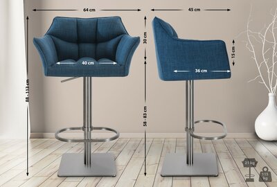 2-delige set barkruk Domasa stof roestvrij staal, Blauw